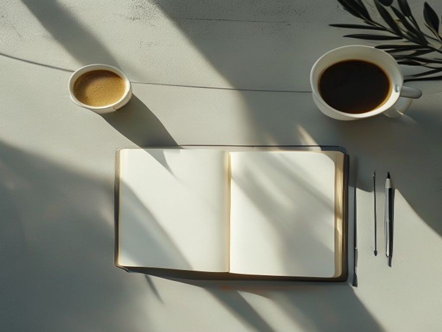 En person som skriver anteckningar i en dagbok, övervägande vid ett kaffebord på morgonen
